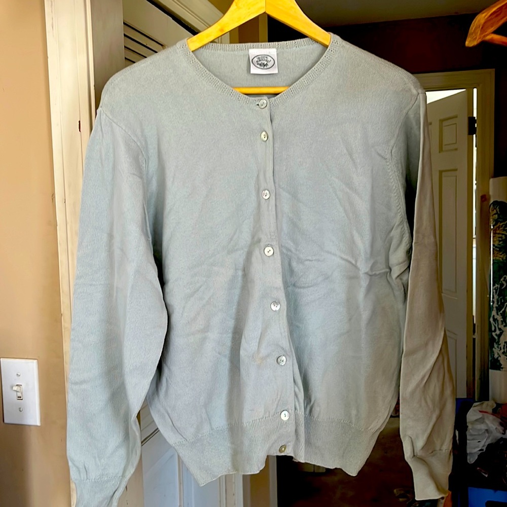 Laura Ashley classic cardigan, light blue with a bit of green hue